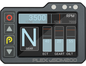 PLEX uSDM-200 micro CAN display in front, horizontal view, displaying it's clean UI