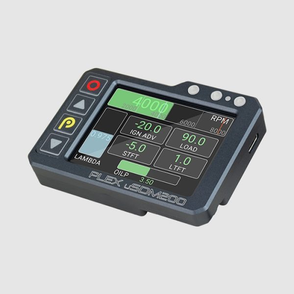 A diagonal horizontal view of the PLEX uSDM-200 digital dash display that displays a page with vital tuning data, such as Lambda, Oil Temp, Ignition Advance and RPM