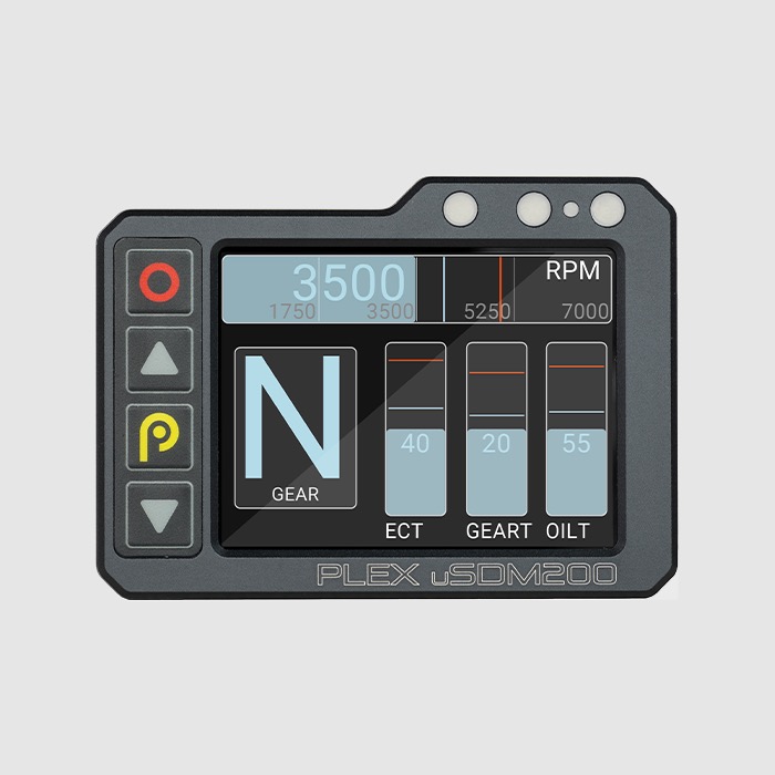 A front horizontal view of the uSDM-200 digital multi-gauge, displaying a basic Race Warm-up page that includes an RPM graph, a Gear indicator and different vertical data bar graphs