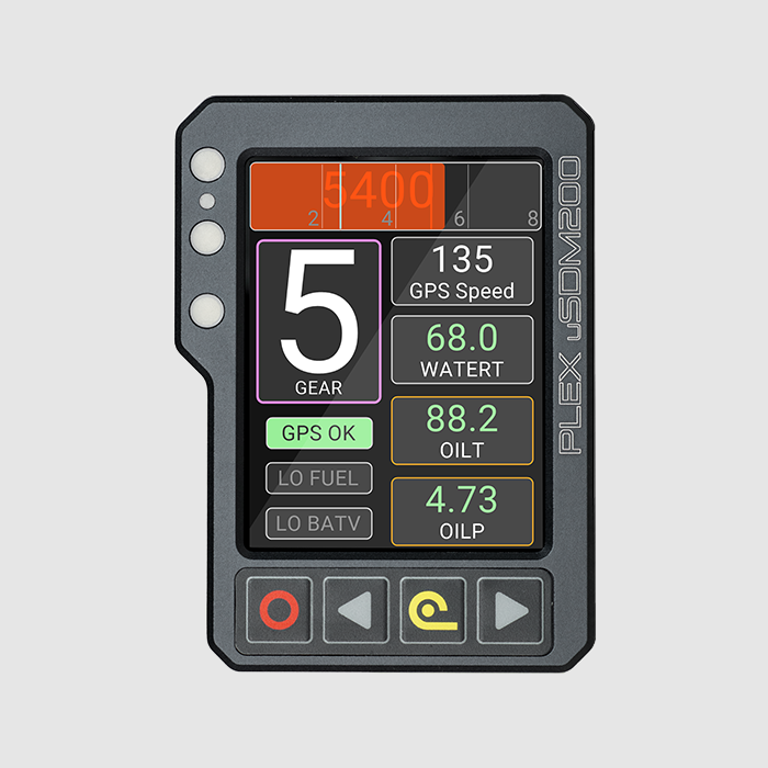 PLEX uSDM-200 in front vertical view, showing a pre-loaded page layout suitable for street racing, which includes a Gear indicator, an RPM bar graph, GPS status and other relevant engine data