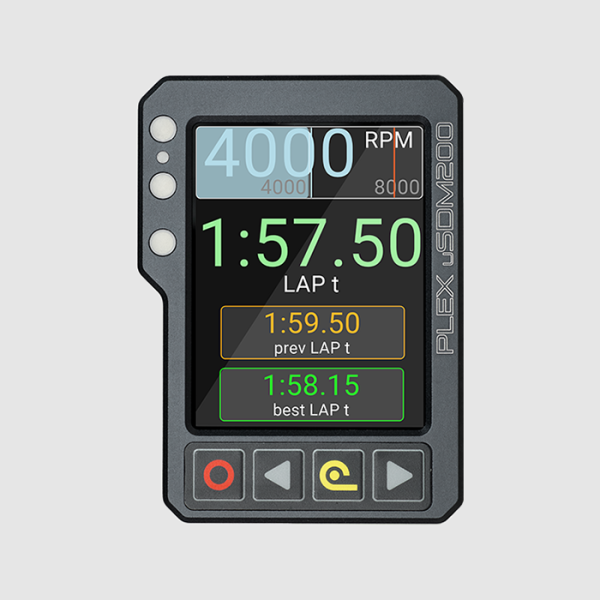 PLEX uSDM-200 DLG version in vertical orientation displaying lap-timing data, with built-in multi-GNSS (10Hz) and IMU (100Hz) modules for enhanced data tracking