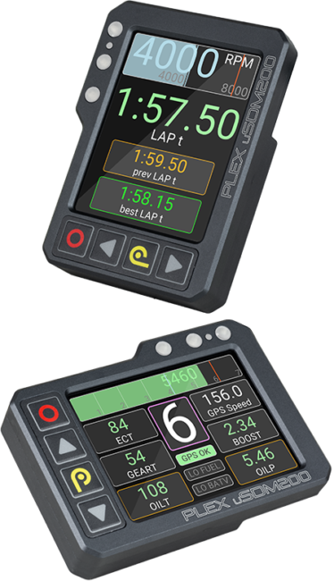 Vertical and horizontal diagonal views of the PLEX uSDM-200 Dash Display, showing clean UI, the brightness of the IPS screen and the customisable display pages