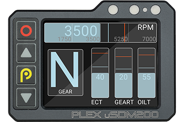 PLEX uSDM-200 display only version in front vertical view, showing a default race warm-up page that includes an RPM graph, a Gear indicator and various vertical data bar graphs with temperatures