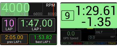 uSDM-200 display page layouts for lap-timing with rolling status and lap notifications