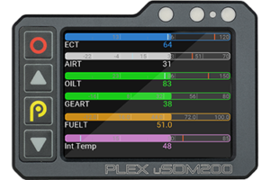 2.8" uSDM-200-D micro dash display in diagonal vertical view, displaying a page with different temperature bar graphs, including ECT, Air Temp, Oil Temp, EGT and other